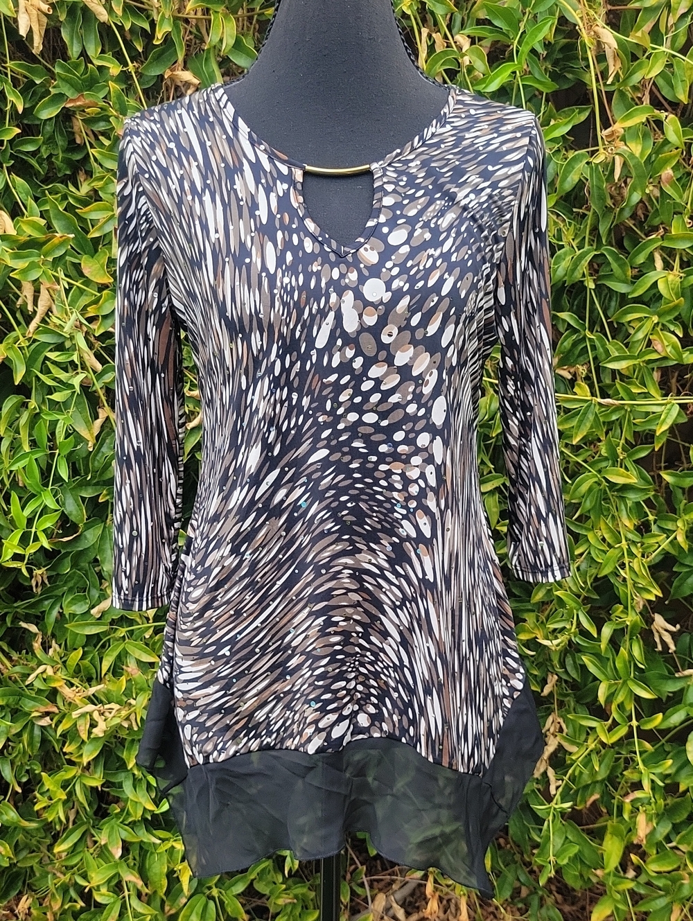 Vintage Brittany Black Abstract Animal Print Sparkle Keyhole Tunic